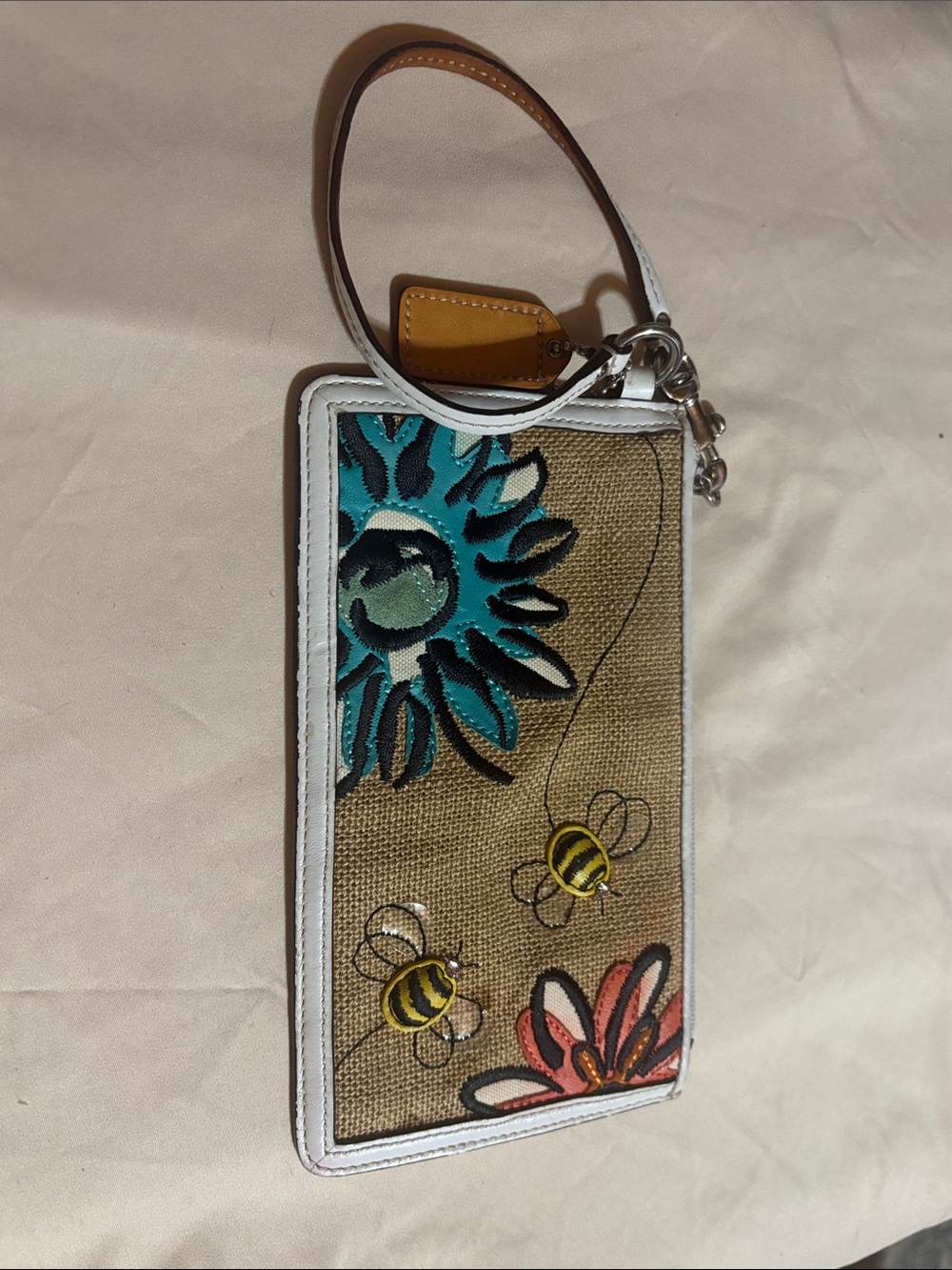 Coach Bumble Bee Burlap Wristlet.